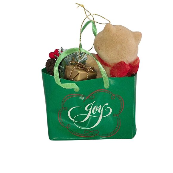 Vintage Christmas Joy Collectible Fuzzy Bear Ornament Gift Bag Decoration - Picture 4 of 5